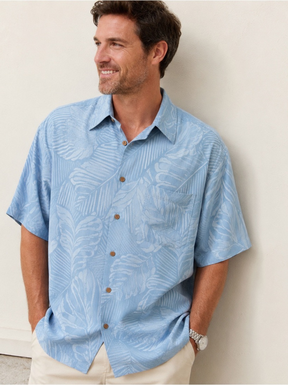 Norm Thompson 100% Silk Blue Tropical Leaf Camp Shirt Men’s Large Resort